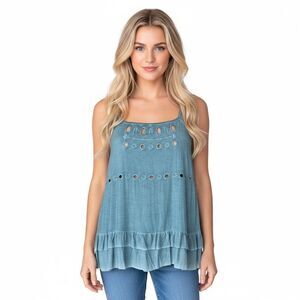 NEW POL Women’s Teal Eyelet Ruffle Boho Tank Top
